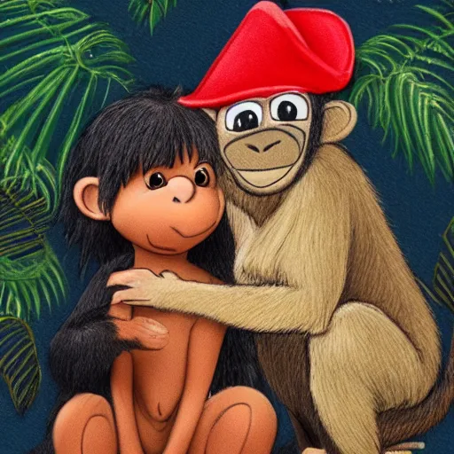 Image similar to mowgli hugging a monkey with a birthday hat on, sister, love, highly detailed