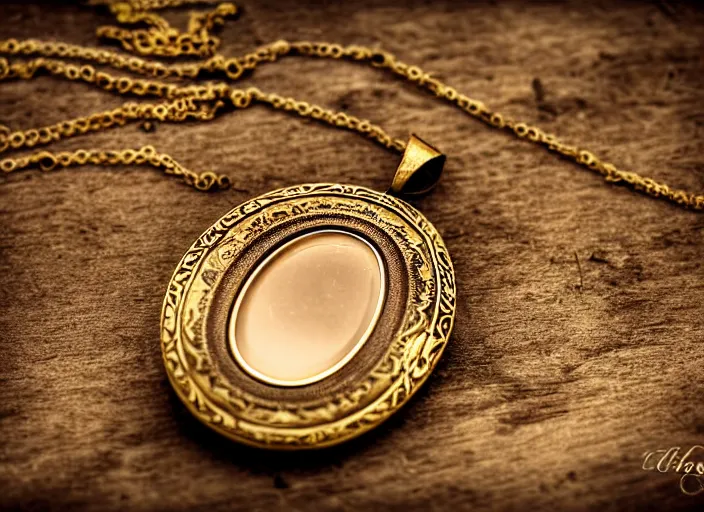 Image similar to old retro burnt out sepia photograph with scratches of a golden necklace with a hanging tiny slim open oval rusty golden locket pendant with a retro photo of an elegant and aesthetic woman royalty portrait. forest background with bokeh. Antique. High quality 8k. Intricate. Sony a7r iv 35mm. Award winning