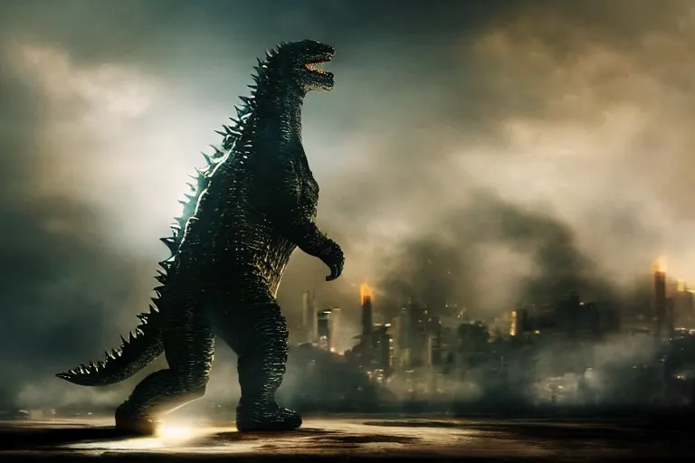 Prompt: godzilla playing the drumset, rock music, concert lights, dynamic photo, still shot from the new godzilla movie