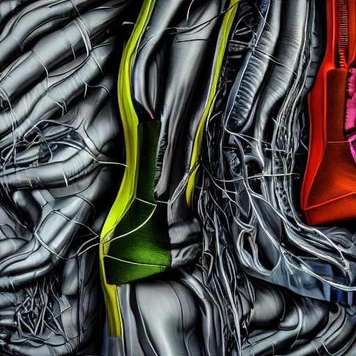 Image similar to futuristic balenciaga and vetements sneakers made out of live parts, cable, nerves, organs, by cronenberg, ultra rendered extreme realism and detail, 8 k, highly detailed, realistic, completely framed, pbr, surreal, hyper realistic, colorful, direct lighting, 3 5 mm photo, photorealistic, sharp focus,