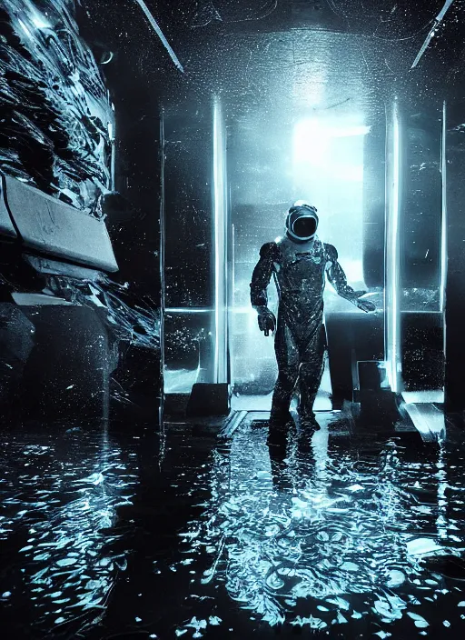 Image similar to symmetry concept art by craig mullins astronauts swim in futuristic dark and empty spaceship underwater. infrared glowing lights. complex and hyperdetailed technical suit. reflection and dispersion materials. rays and dispersion of light. volumetric light. 5 0 mm, f / 3 2. noise film photo. flash photography. unreal engine 4, octane render. interstellar movie art