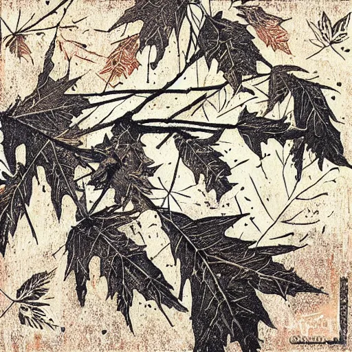 Image similar to fall leaves woodcut stamping by greg rutkowski