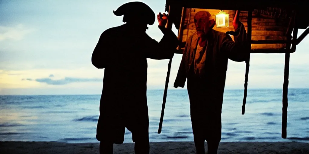 Image similar to film still of closeup old man holding up lantern by his beach hut at night. pirate ship in the ocean by emmanuel lubezki