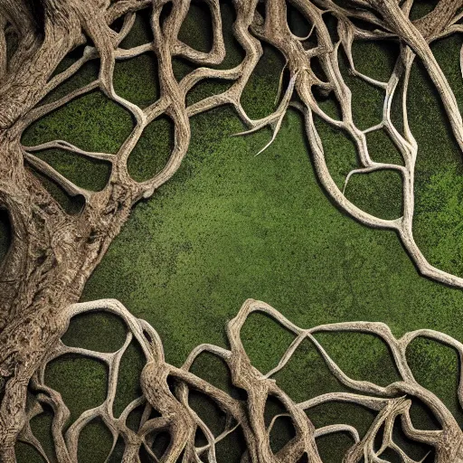 Image similar to Mangrove swamp tangled mangrove roots on a muddy shore, ground texture, flat top-down view. Matte painting, simple cartoon style