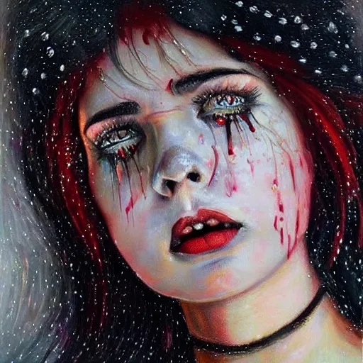 Image similar to a hyperrealistic painting of a beautiful gothic princess crying tears of blood, by Mark Lovett, vivid color, highly detailed,