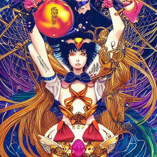 Image similar to portrait of crazy sailor moon, symmetrical, by yoichi hatakenaka, masamune shirow, josan gonzales and dan mumford, ayami kojima, takato yamamoto, barclay shaw, karol bak, yukito kishiro