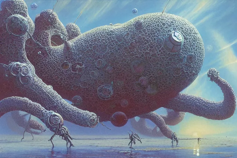 Image similar to oil painting, super - detailed scene of a planet that is also a giant insect, entomology, japanese sci - fi books art, artwork by jean giraud and zdzislaw beksinski and michael whelan and hr giger, hd, 4 k, high quality