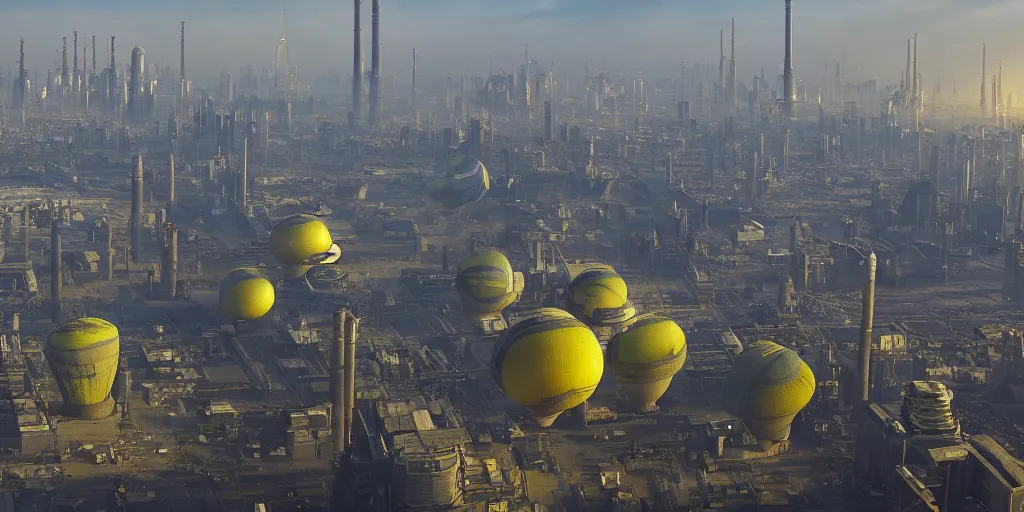 Image similar to a city that looks like coruscant, with a yellow green smog sky, cinematic lighting, blimps, power plants, factories, tall metal towers, muddy landscape in the distance, hd 4k photo