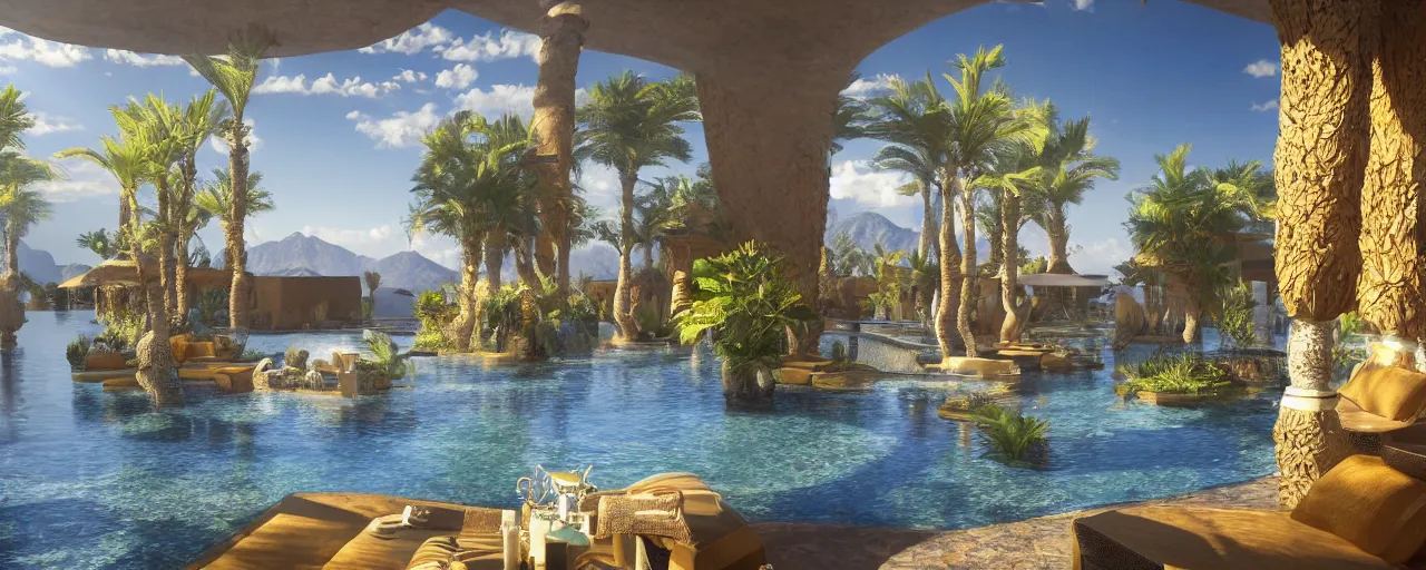 Image similar to surreal hyper luxury spa with intricate golden details with view to arid mountains and palm forest, ultra detailed, photorealism, sharp focus, volumetric light, global illumination