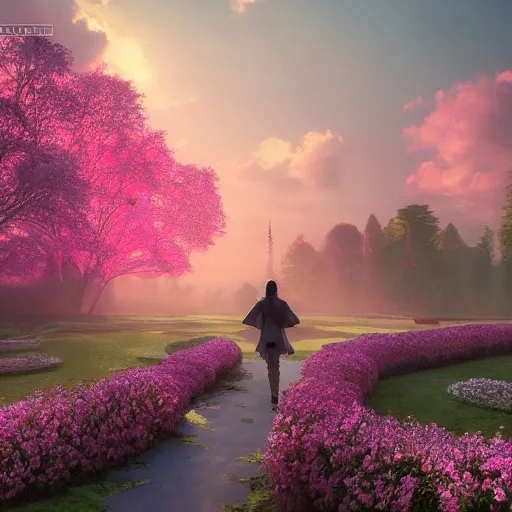 Prompt: a path to a dream crystal pink estate, clouds like Marshmallow, the image is like beautiful dream, pink sun, 4k post-processing highly detailed, art station, unreal engine + cinematography by Wes Anderson, Wide angle shot, 1970s Marie Antoinette, futuristic, volumetric light, Fuji film, intricate detail, hyperreal, hyperrealistic, 4K, Octane render, unreal engine cinematic, sublime atmosphere,