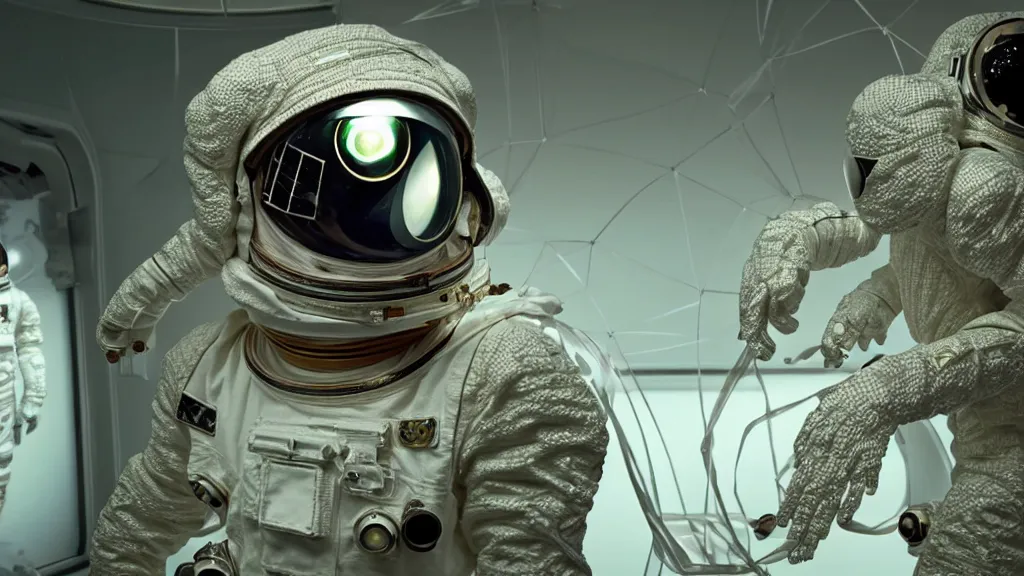 Image similar to a single astronaut eva suit interwoven with diamond 3d fractal lace iridescent bubble 3d skin and covered with insectoid compound eye camera lenses floats through the living room, film still from the movie directed by Denis Villeneuve with art direction by Salvador Dalí, wide lens,