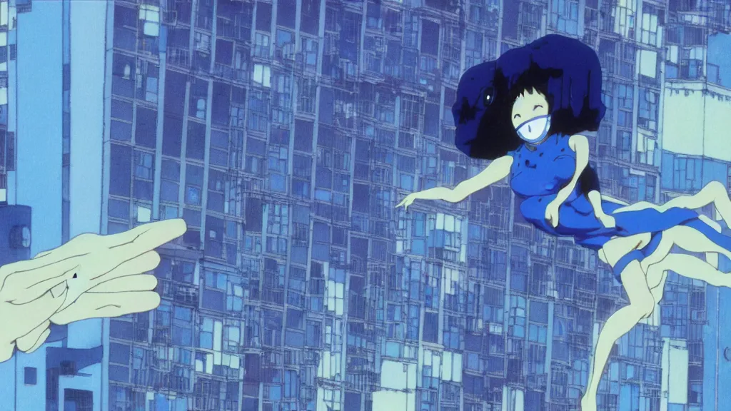 Prompt: a woman in a blue dress wearing a blue mantra ray mask falling from a building in Tokyo , anime film still from the an anime directed by Katsuhiro Otomo with art direction by Salvador Dalí, wide lens