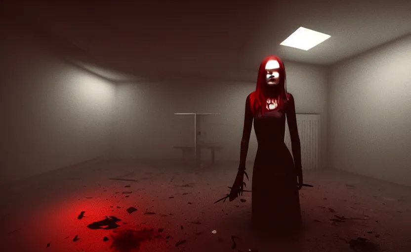 Image similar to gothic girl holding a knife in an abandoned hospital room with red ceiling lighting and several blue lights on the walls, gloomy and foggy atmosphere, octane render, artstation trending, horror scene, highly detailded