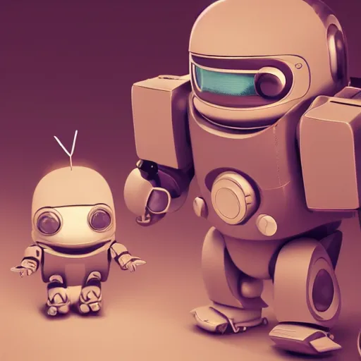 Image similar to two small chubby bots, hyperdetailed damaged surface, smooth scratched panelling, intricate detail, holding a battery, single eye, cute, intricate arms, antenna, floating, white studio, cute mechanical toy, gameboy advanced, ambient light, in the style of pixar animation poster, pokedstudios, blender, octane render, 8 k,