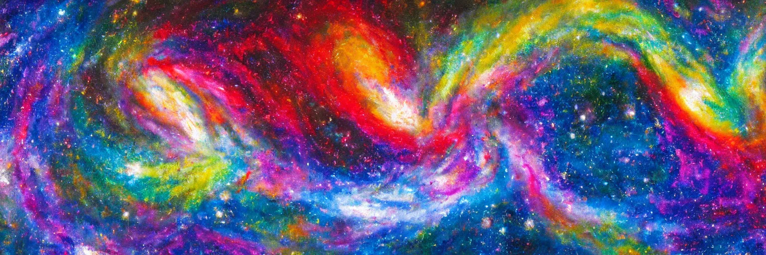 Prompt: an oil painting of hyper realistic galaxy colliding, colourful