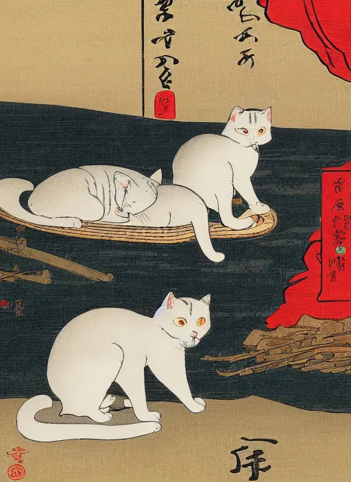 Image similar to whitecat with 2 baby white cats of utagawa hiroshige, digital painting 4 k uhd image, highly detailed