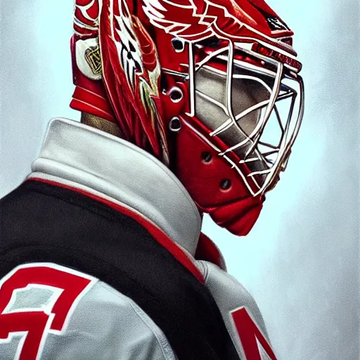 Prompt: Portrait of Red Wings hockey player The Professor, fantasy, intricate, elegant, highly detailed, digital painting, artstation, concept art, smooth, sharp focus, luxury fashion illustration, art by artgerm and greg rutkowski and alphonse mucha, brightly lit cinematic soft lighting, photorealistic