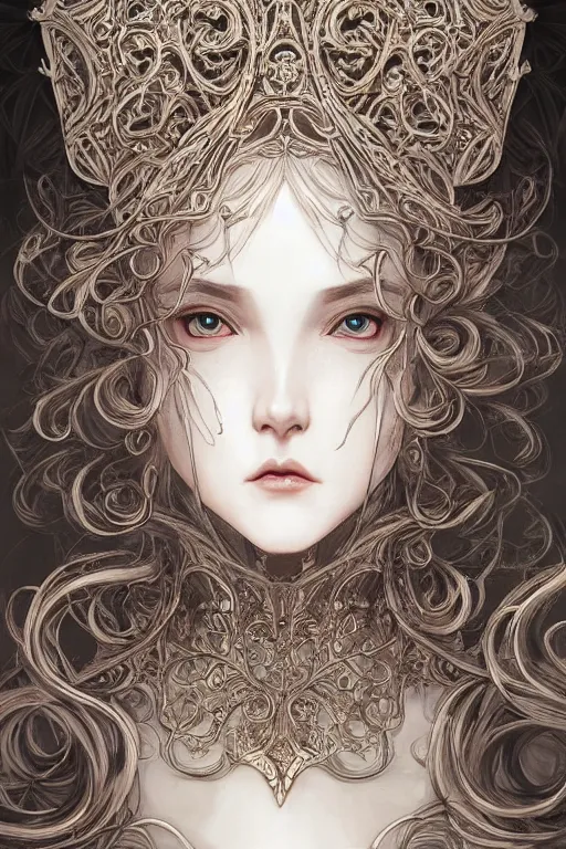 Prompt: portrait of a woman's face, baroque style, elegant, beautiful, intricate lining, mesmerizing, concept art, fancy clothing, highly detailed, artstation, trending, inspired by innocent manga, inspired by castlevania concept art, by ayami kojima, shinichi sakamoto