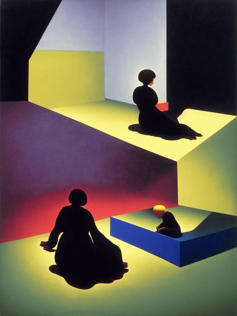 Image similar to hyperrealistic still life wide shot a woman sitting on the ground relaxing, sacred geometry, light refracting through prisms, by caravaggio, surrealism, vivid colors, serene, golden ratio, rule of thirds, negative space, minimalist composition, by rene magritte and james turrell