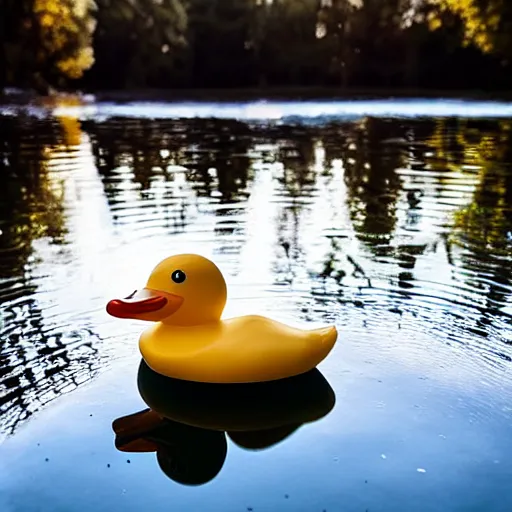 Prompt: A rubber duck made out of glass floating on a pond in a forest at golden hour, photorealistic, photography award