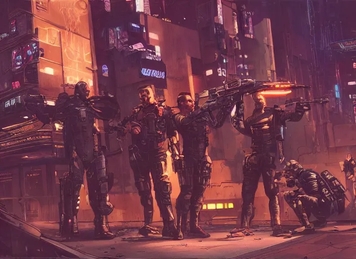 Prompt: cyberpunk swat team assaulting cartel hideout. portrait by stonehouse and mœbius and will eisner and gil elvgren and pixar. character design. realistic proportions. cyberpunk 2 0 7 7 character art, blade runner 2 0 4 9 concept art. cel shading. attractive face. thick lines. the team. diverse characters. artstationhq.