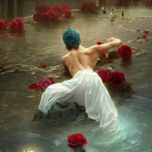 Image similar to man suspended over water, roses everywhere, highly detailed, digital painting, artstation, concept art, smooth, sharp focus, illustration, art by artgerm and greg rutkowski and alphonse mucha