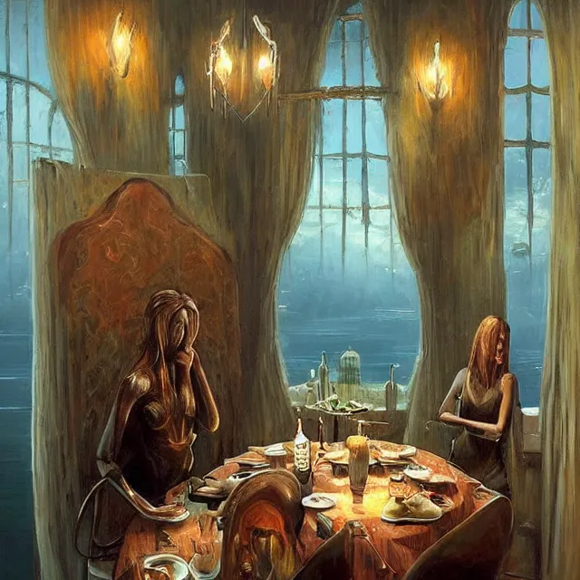 Image similar to a serene and tranquil dining room, haunted house, masterpiece, unease, grasping pseudopods, rhads!!!, magical realism, urban fantasy, ( h. r. giger )