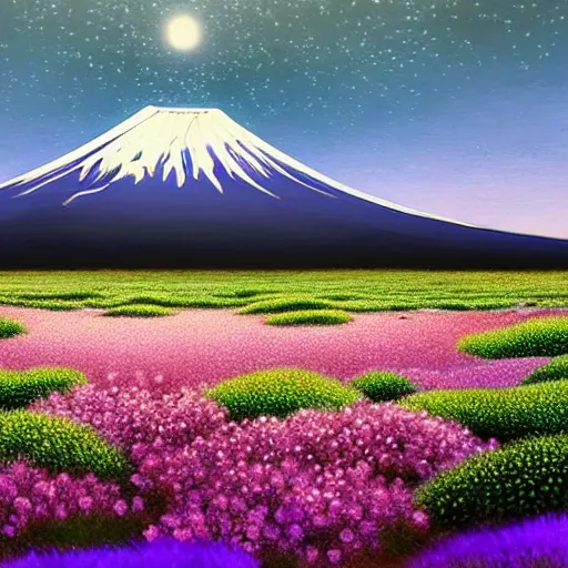 Image similar to a beautiful and detailed picture of mount fuji surrounded by a field of black lotus flowers with petals in a fibonacci sequence, in the style of magic the gathering, highly detailed, digital painting, god rays, volumetric lighting, octane render, 4 k resolution, art by adam paquette and johann bodin and jason rainville