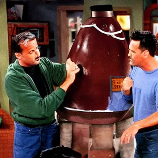 Prompt: A scene from Friends where Joey and Chandler starts to build a rocket from scratch