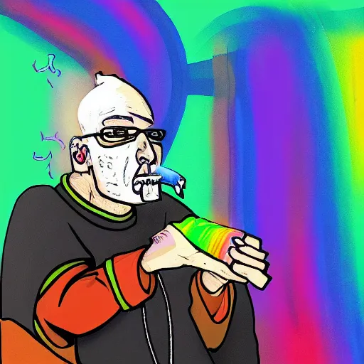 Prompt: a digital painting of a cyberpunk priest smoking a blunt with rainbow smoke