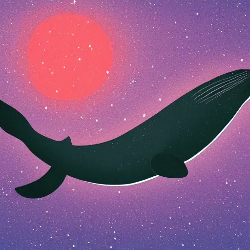 Prompt: illustration of a whale flying over a city at night