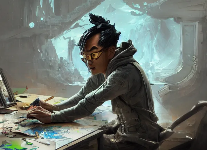 Image similar to an insanely detailed painting of an asian man wearing a homemade superhero costume, sitting at a desk, staring seriously at the computer and typing, in the style of peter mohrbacher, james jean, ruan jia, dramatic lighting and composition, surreal background, octane render, pixar, trending on artstation, concept art, comic book, view from behind, 8 k