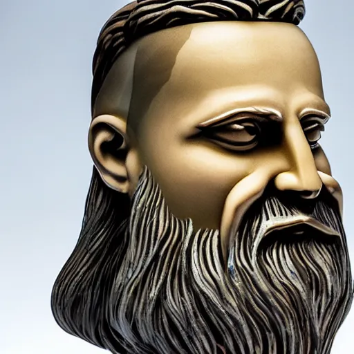 Prompt: glass sculpture of a bearded viking wearing a vr headset, polished maple, thoughtful, elegant, real