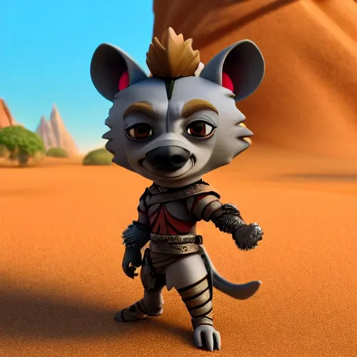 Image similar to antropomorphic medieval knight hyena warrior as nendoroid walking in a desert in the croods movie style, anime, disney, pixar, 8 k, hd, dof, kodak film, volumetric lighting, subsurface scattering, photorealistic, octane render, details