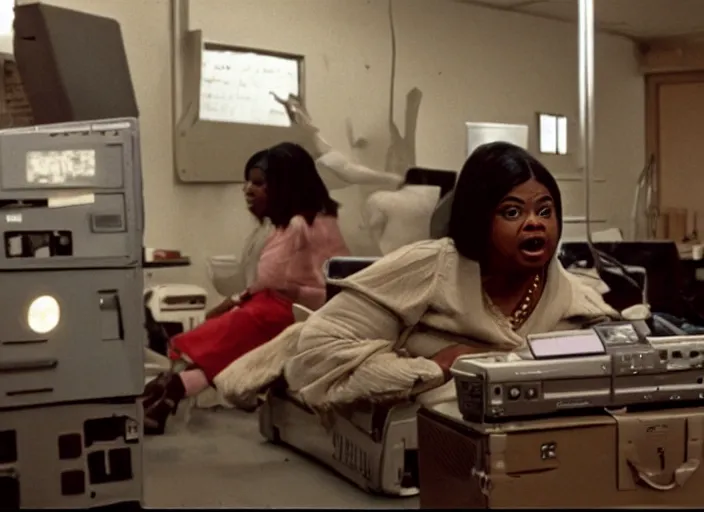 Image similar to cinematic shot of octavia spencer stressed out in an cramped used electronics store next to an old electronic keyboard, iconic scene from the paranoid thriller sci fi film directed by stanley kubrick, anamorphic cinematography, beautiful composition, color theory, leading lines, photorealistic