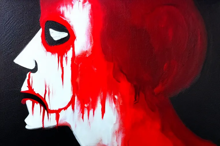 Prompt: zombie, acrylic painting, side profile, red, black, vibrant, chiaroscuro, high detail, perfect artwork, clean lines