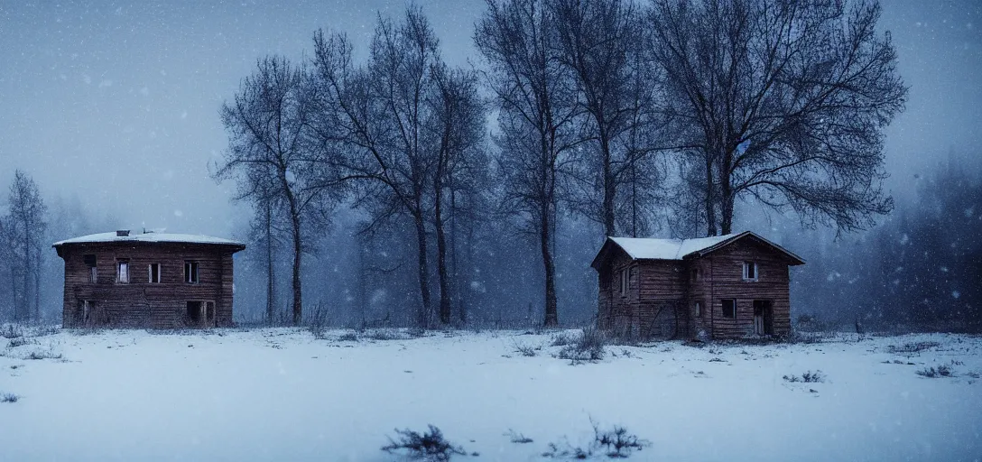 Image similar to landscape, soviet military, abandoned, lifeless, house near forest, dark, winter evening, snowing, strong, blizzard, atmospheric, mystical, very detailed 4 k