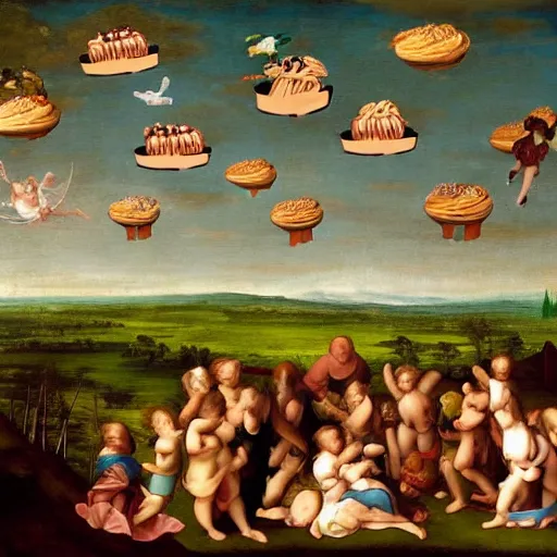 Image similar to renaissance painting flying cupcakes over landscape forest, green, five nights at freddies art style