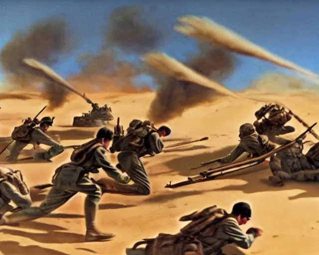 Prompt: a high resolution video still from el alamein battle, sharp focus, paintings, animation
