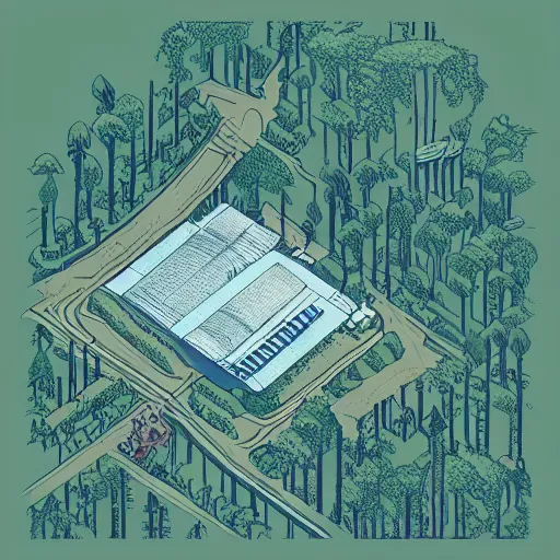 Image similar to “in the style of Laurie Greasley an isometric highly detailed aerial view of a young explorer making his way through an enchanted forest towards a floating statue, 8k resolution”