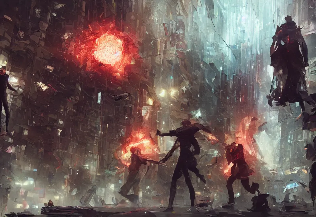 Image similar to two angry protesters, detailed digital illustration by greg rutkowski, medium shot, android netrunner