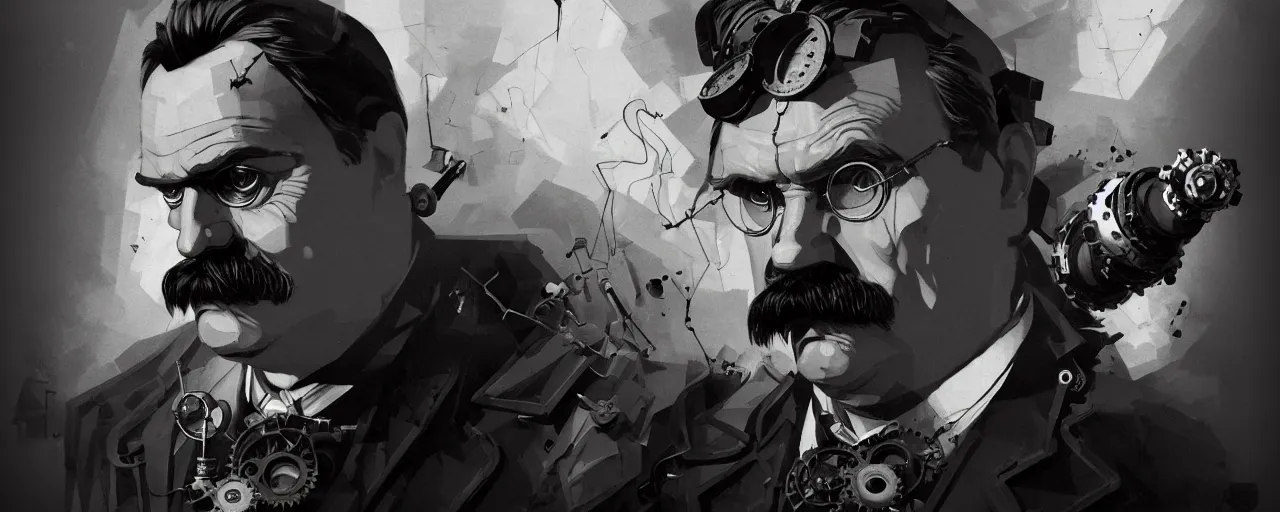 Image similar to duotone dark concept illustration 3 / 4 portrait of friedrich nietzsche with marvel thor hammer as steampunk cyborg smoke all around. highly detailed mechanism cinematic volumetric ghastly lighting. by sachin teng and sergey kolesov and ruan jia and heng z. graffiti art, scifi, fantasy, hyper detailed. octane render. concept art. trending on artstation