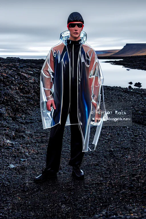 Image similar to an ultra high definition professional high fashion portrait studio full length photograph of a male model wearing a transparent pearlescent raincoat and neon visor in an icelandic black rock environment at dawn. no artefacts. extremely detailed. stark. refraction. shallow depth of field. volumetric light and shadow. ray tracing. light rays.