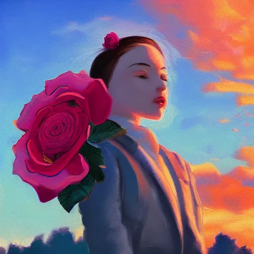 Image similar to closeup, huge rose flower head, frontal, girl in a suit, surreal photography, sunrise, blue sky, dramatic light, impressionist painting, digital painting, artstation, simon stalenhag