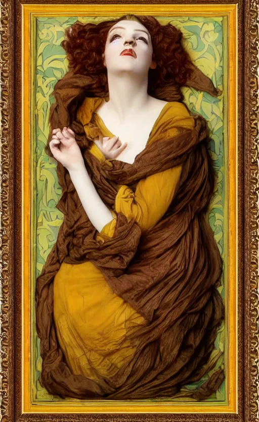 Image similar to preraphaelite full body portrait photography masterpiece hybrid of judy garland and florence welch, reclining, brown hair fringe, yellow ochre ornate medieval dress, kilian eng and william holman hunt, frederic leighton, ford madox brown, william morris, framed 4 k