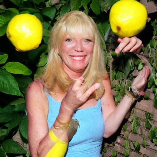 Image similar to Jill Tyrell from nighty night holding a lemon