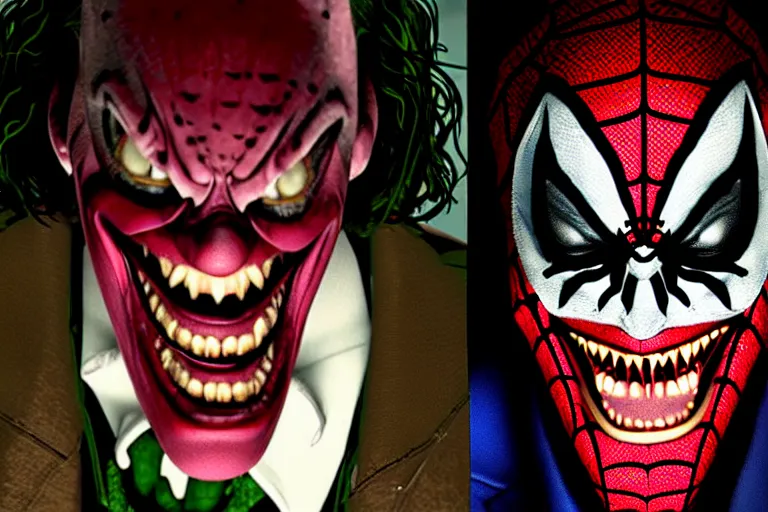 Image similar to Joker imitates Spider-Man and laughs, scary scene, top horrible creatures, horrible, horror films, film on real events, horrors filmed on camera, fangs and drool, jaw and tongue, man is terrified, fear, darkness, basement, 8k, hyper-realistic, ray tracing, night, flashlight