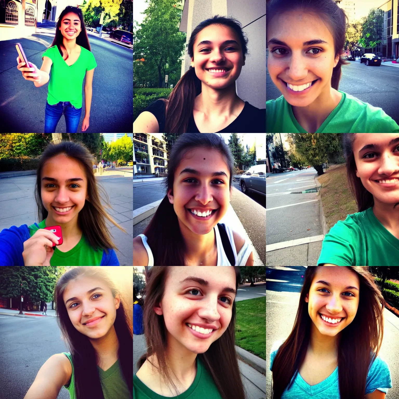 Prompt: iPhone selfie by an college student at UCLA, light brown hair, green eyes, wearing a black vneck tshirt, blue jeans, pony tail, girl next door innocent look, smiling, hq, on a sidewalk of Vancouver, trending on instagram