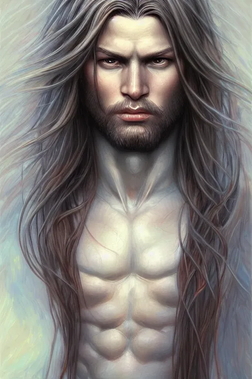 Prompt: Nearthendahl man angels, primitive facial features, fantasy, long hair, highly detailed, digital painting, artstation, concept art, smooth, sharp focus, illustration, art by artgerm and manara