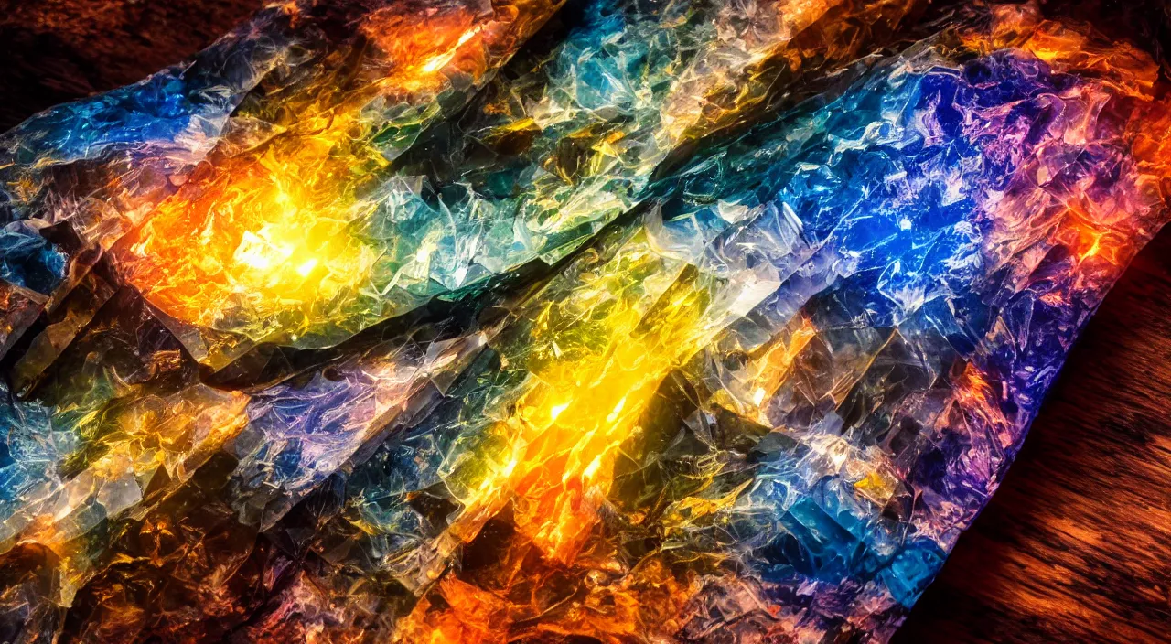 Image similar to Large translucent obsidian shard containing colorful energetic storms sits on a satin cloth on the wooden table, lit by godlight, photorealistic, cinematic, depth of field, award winning, high resolution, intricate details.